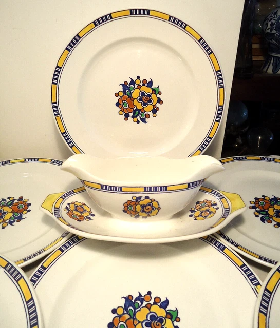 Boch Frères - La Louvière - 6 Assiettes & Saucier - Faïence Belge - Art Nouveau