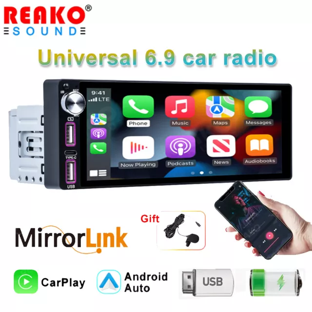 Single 1 Din 6.9" CarPlay/Android Auto Car Radio Stereo Touch Screen MP5 Player