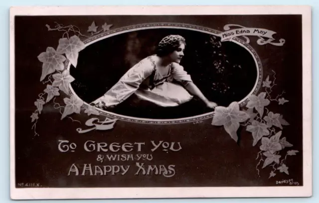 RPPC "A HAPPY XMAS" Christmas EDNA MAY Actress c1910s Davidson Bros. Postcard
