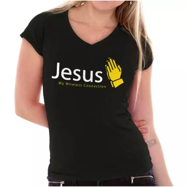 Religious Christian Jesus My Connection God Womens Juniors Petite V-Neck Tee