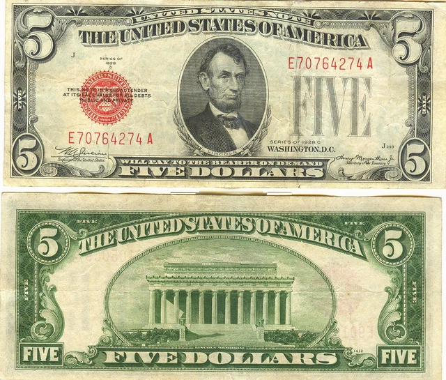 1928 $5 Red Seal Legal Tender Note -- Super Clean & Crisp Type Note