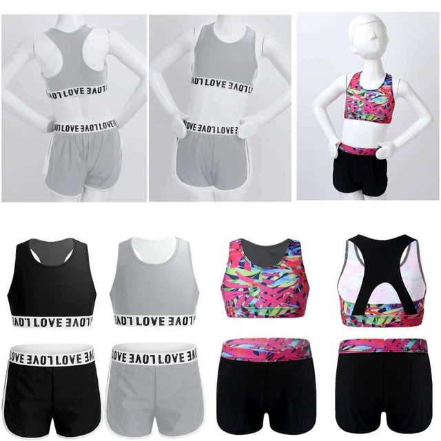 Kids Girls Athletic Outfit Crop Top Bottoms Set Ballet Gymnastics Gym Workout