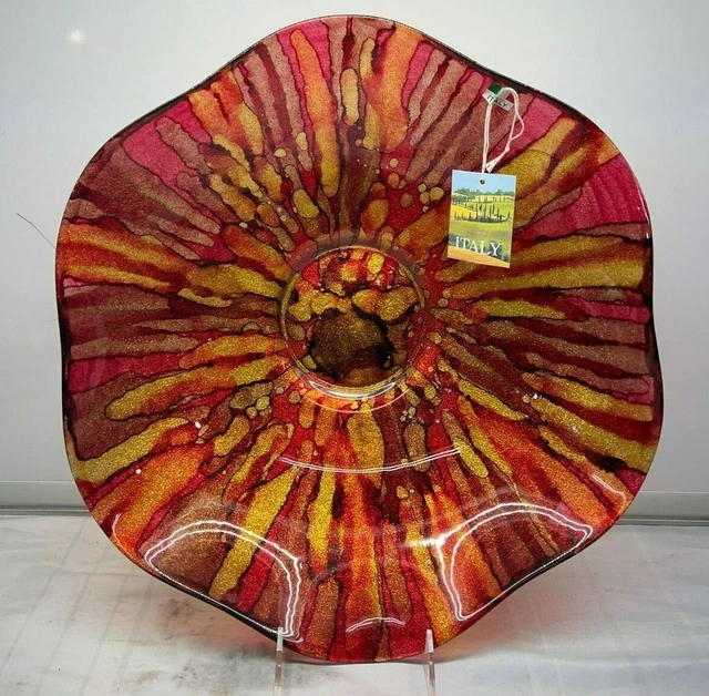 Orange Red Yellow Bowl Centerpiece Luster New Glass 16.5" Italy Decorative