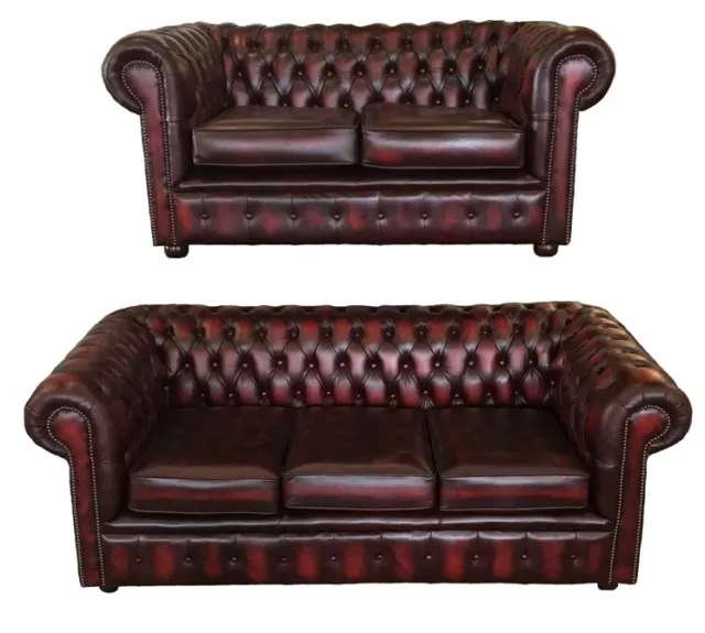 Divano Chesterfield 2 + 3 Posti in Vera Pelle Di Colore Rosso Antico