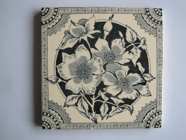 Antique Victorian Wedgwood? Blue On White Wild Rose Design Wall Tile  C1884