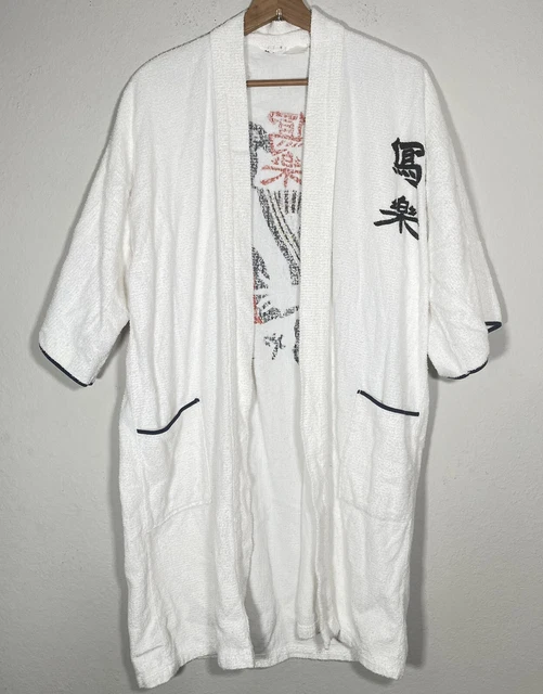 VTG Malipol White Cotton Kimono Short Sleeve Japanese Samurai Kabuki Print Robe