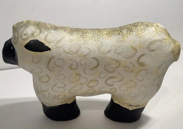 Folk Art Hand Painted Canvas Sheep Lamb Stuffed Figurine. Artist Signed