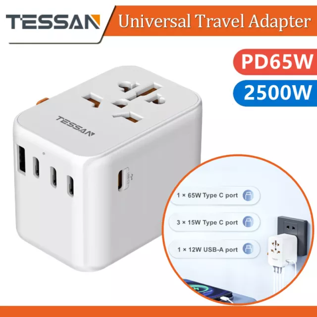 Reiseadapter Weltweit 65W USB C Ladegerät mit 1 USB 3 USB C &1 PD Schnellladung