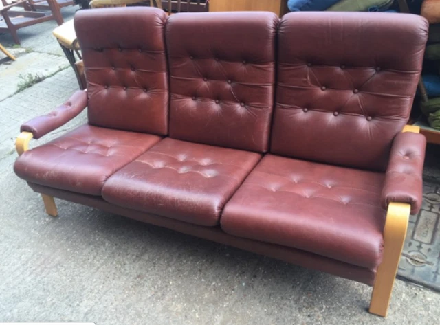 Vintage retro antique Danish mid century brown leather 60s 3 seater sofa couch