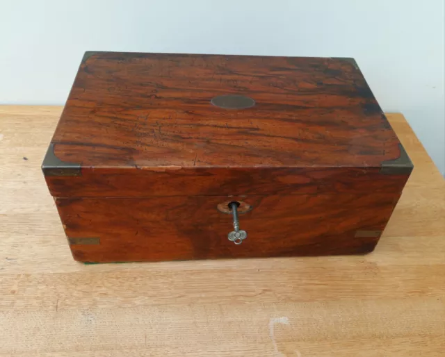 Victorian Sloping wooden writing box fitted interior  c1880 Key and Ink bottle