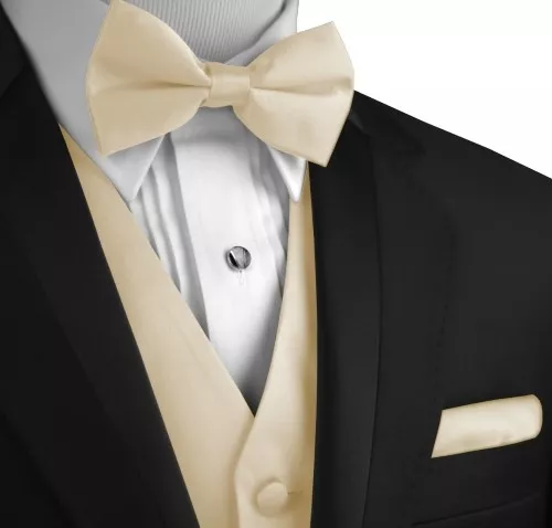 Men's Champagne Satin Formal Tuxedo Vest, Bow-Tie & Hankie. Prom (XS - 6XL LONG)