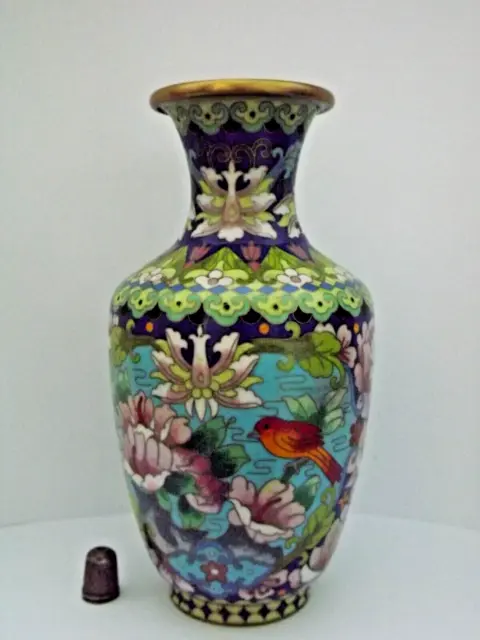 Very Colourful Vintage Chinese Cloisonne Vase Decorated with Flowers & Birds