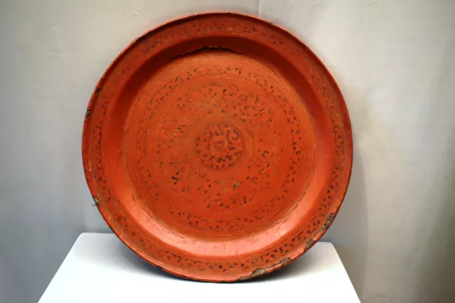 Vintage Burmese Lacquerware Plate Hand Painted Design Red Flower Decorative "15