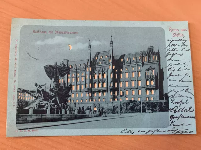 Gruss aus Stettin-Rathaus mit Manzelbrunnen-Mondscheinkarte-1900-Postkarte