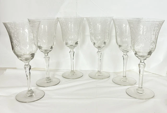 Vintage Elegant Glass Floral Flower Wine Glasses etched  Set Of 6