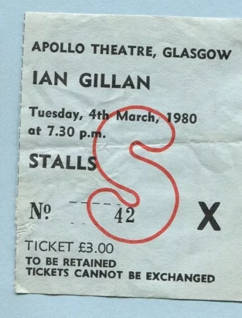 1980 Ian Gillan from Deep Purple Concert Ticket Stub Glasgow UK Glory Road