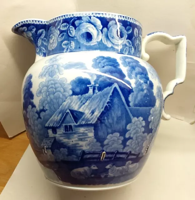 Large Pearlware Blue & White Transfer Jug C1820 *Damaged* Stapled Repair