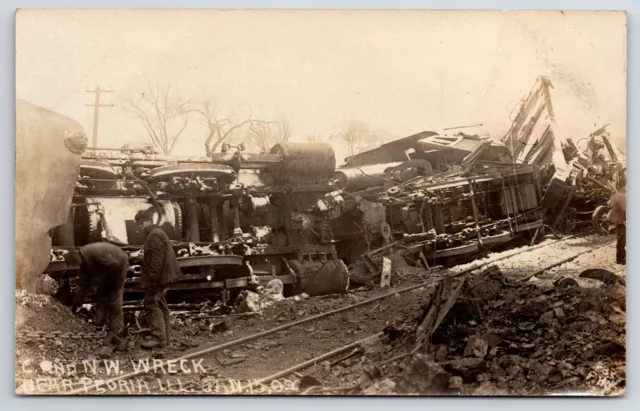 Limecreek Peoria~Chicago & Northwestern~Head-On Collision Train Wreck RPPC 1909