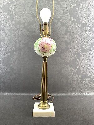 Antique 25” Floral Hand Painted Glass & Brass Table Lamp Light Vintage Art Deco