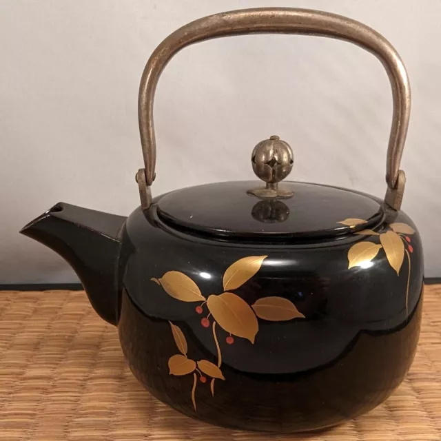 Antique Japanese Black Lacquer Choshi Sake Ewer Teapot Berries & Plum Blossoms