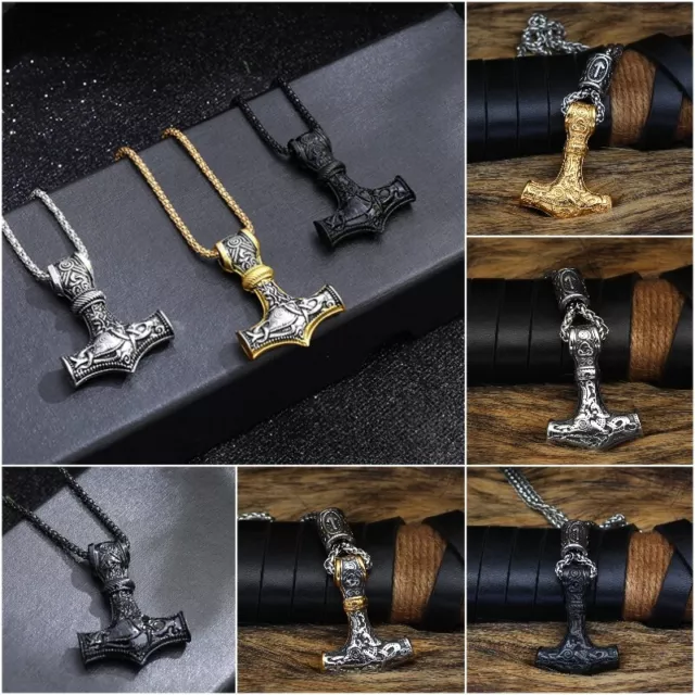 Mens Stainless Steel Norse Viking Thors Hammer Mjolnir Pendant Necklace Jewelry