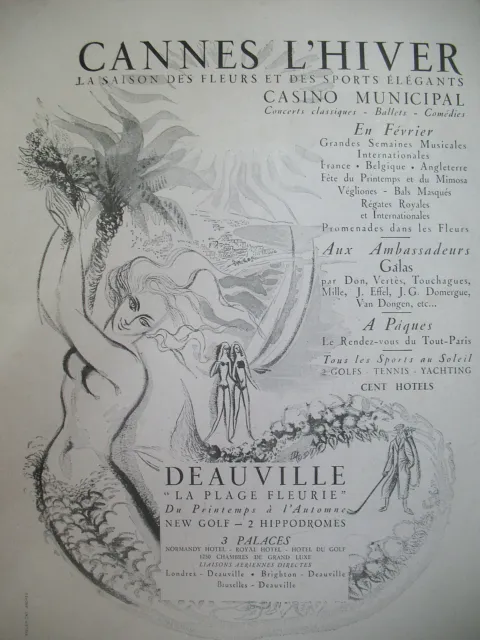 Publicite De Presse Cannes L'hiver Tourisme Saison Ds Fleurs Sirene Ad 1940