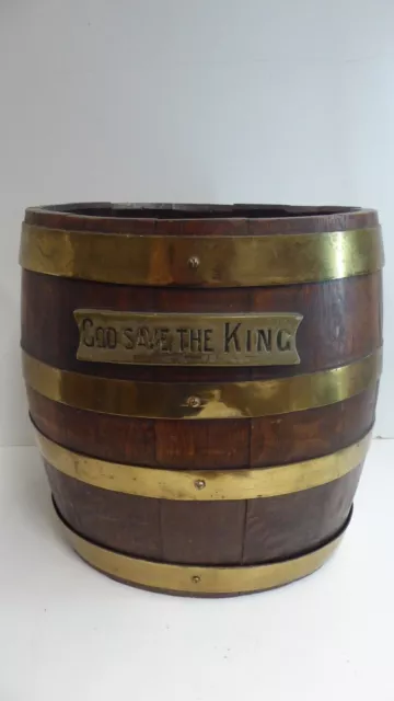 Antique English Oak Coopers Barrel Brass Bound - God Save The King - Plaque