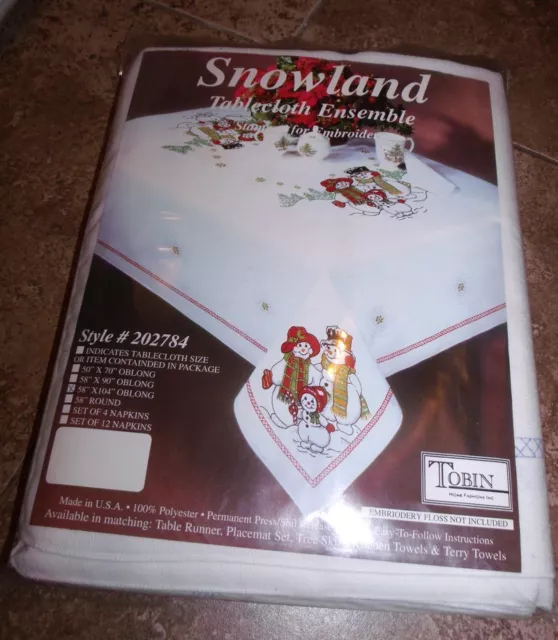 Tobin Stamped Tablecloth SNOWLAND Snow Family Embroidery 58" x 104"