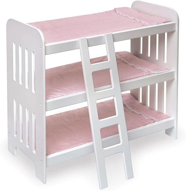 Toy Doll Triple Doll Bunk Bed with Ladder, Bedding, and Personalization Kit for
