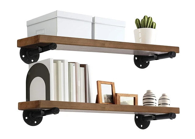 Industrial Pipe Wood Wall Shelf - 24" Espresso Real Wooden Shelving - Modern Int