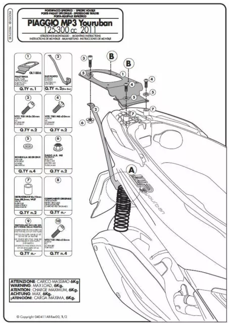 SR5600M GIVI ATTACCO BAULETTO MONOLOCK per PIAGGIO MP3 YOURBAN 125 300 2011-2018