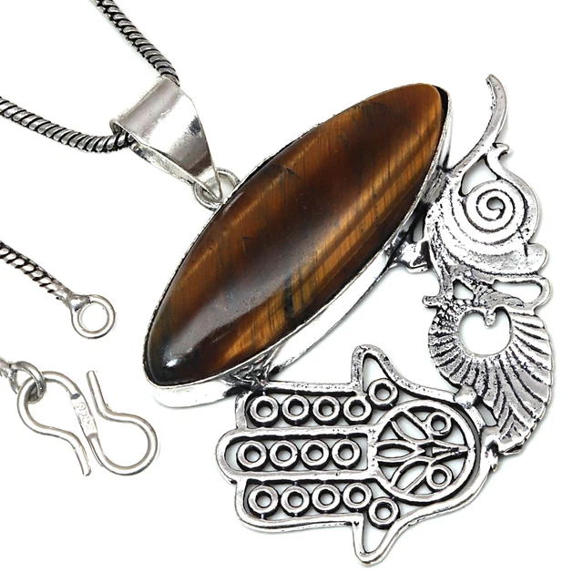 Tiger'S Eye Gemstone Handmade Dainty Gifted 925 Silver Jewelry Pendants 1.75"