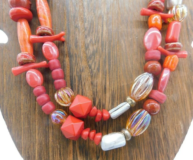 Red Silver Iridescent Ceramic Pottery Abalone Shell Faux Coral Long 29" Necklace