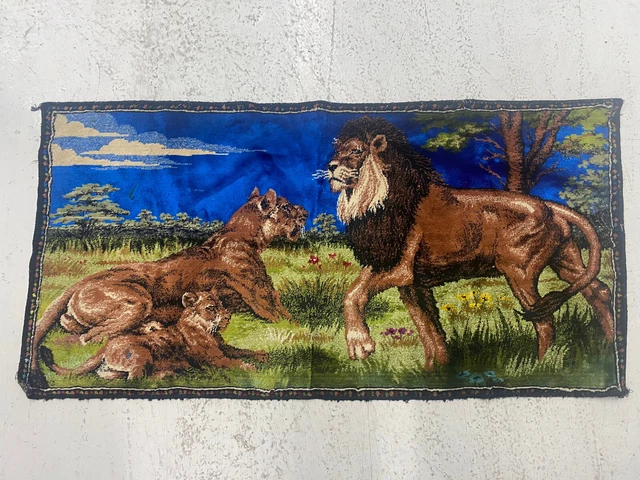 Vintage Mid Century Modern Velvet Tapestry Art Lions