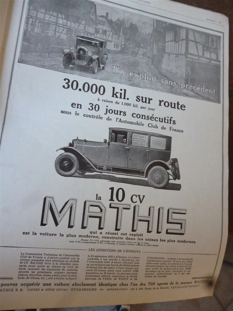 MATHIS 10 CV voiture 39 publicité papier ILLUSTRATION 1925 col