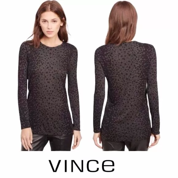 Vince Black Gray Leopard Print Long Sleeve Crewneck​ Top Women's Size XS