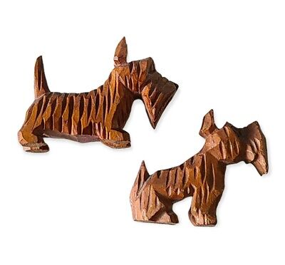 Vintage Set of 2 Hand Carved Wooden Terrier Scottie Dog Figurines Folk Art