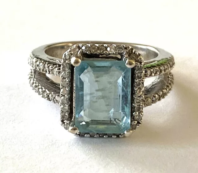 Emerald Cut 2Ct Natural Aquamarine 76 Diamond Ladies Ring 14K White Gold Sz 5.25