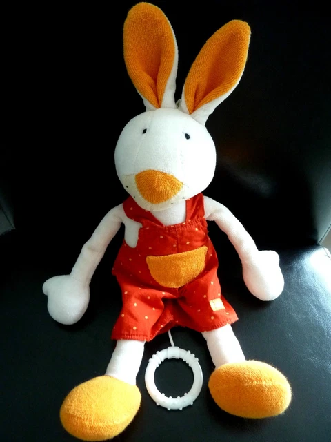 P4. Doudou Peluche  Musical Babysun Lapin Salopette Rouge Orange Excellent Etat