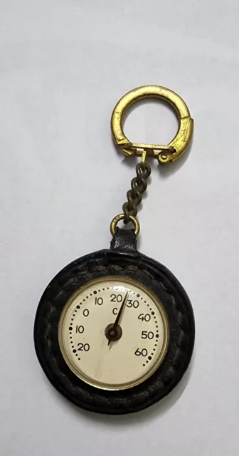 Vintage Keychain Leather  Metal & Plastic Thermometer Unique