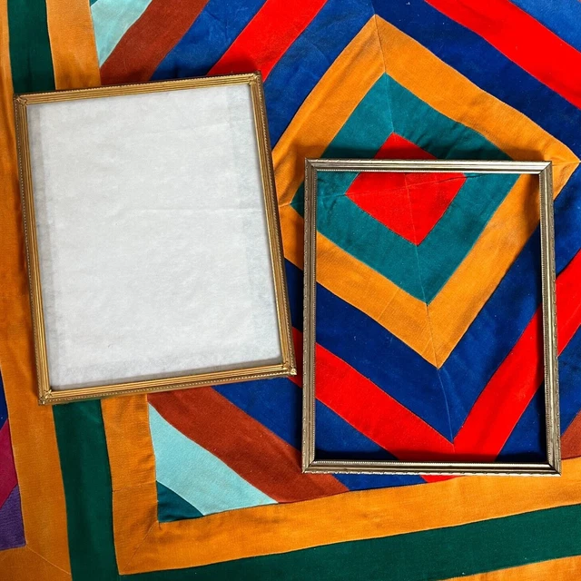 Lot of 2 Vintage Brass Gold Tone Metal Picture Frames 8x10 Velvet Upcycle 70s