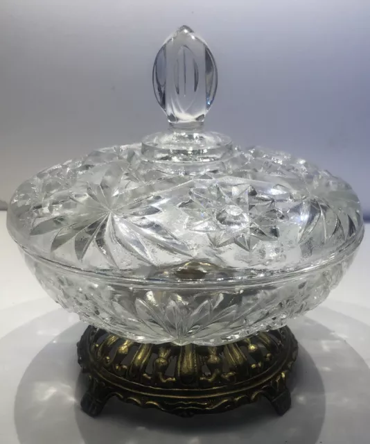 Vintage Compote Candy Dish with Crystal Cut Glass & Brass Pedestal Base. Rare.