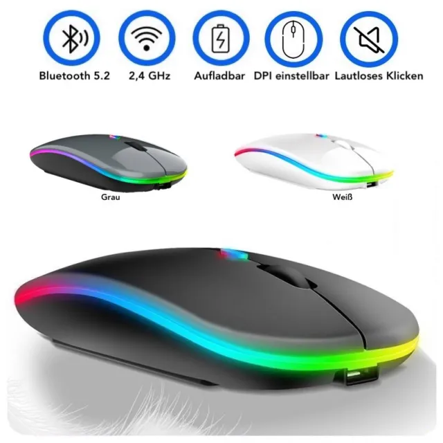 PC Maus Kabellos Bluetooth und Funk für Computer Laptop MAC Aufladbare Maus LED