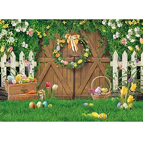 7x5ft Spring Easter Backdrop Wood Barn Door Green Grass Easter Photoshoot Barn