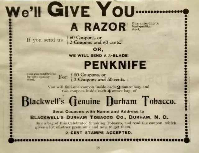 1896 Blackwells Genuine Durham Tobacco North Carolina Vintage Print Ad