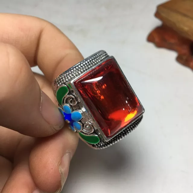 Exquisite Old Chinese tibet silver Cloisonne inlay Zircon handmade work Ring 210