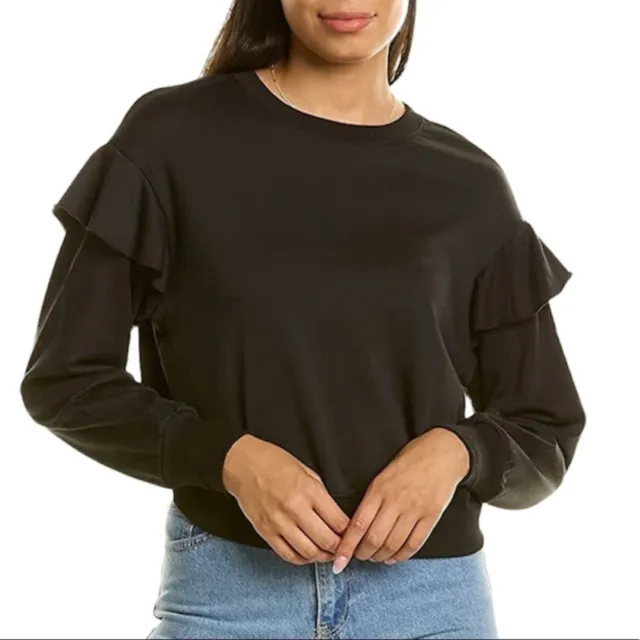Michael Stars Women's Black Kacey Crop Ruffle Sleeve Sweatshirt Size Medium