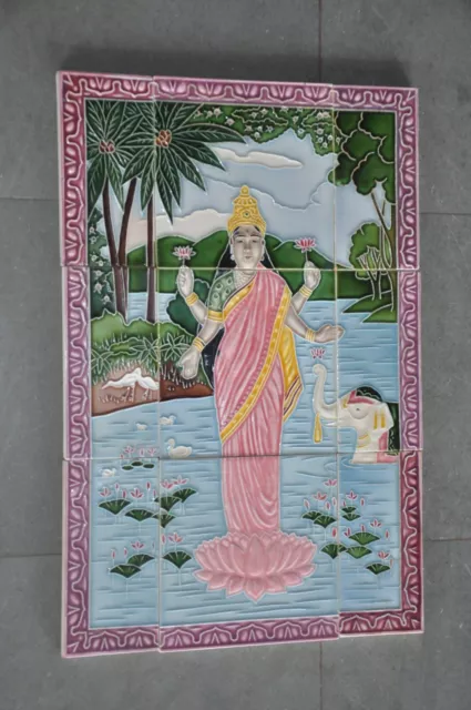 9 Pc Set Vintage Goddess Laxmi Picture Embossed HS Saji Mark Ceramic Tiles,Japan