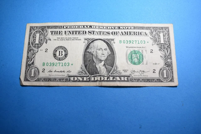 2013 $1 One DOLLAR BILL STAR NOTE - Serial # B03927103⭐