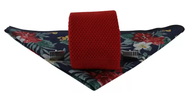 Red Skinny Silk Knitted Tie Navy/Red Floral/Spot Pocket Square & Cufflink Set